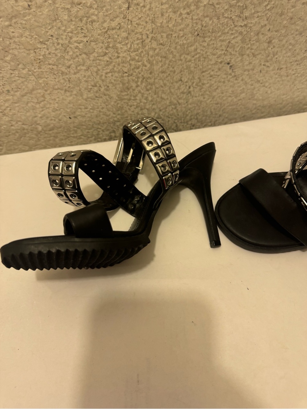DKNY Black Heeled Sandals with Silver Stud Accents - Picture 3 of 7